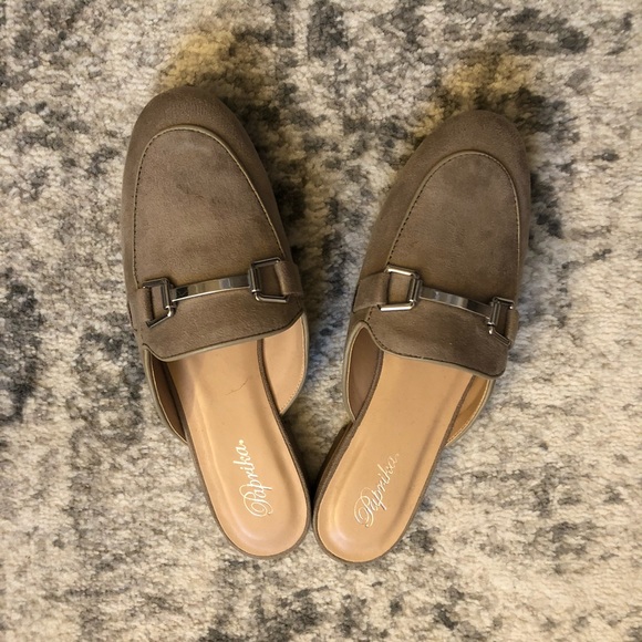 Taupe Flat Mules- silver accent. Size 7.5 - Picture 2 of 3